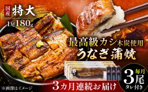 【3回定期便】 国産 うなぎ 本格炭火焼 特大 3尾 計540g（180g×3尾）/すみまる [UDH014] 手焼き 冷凍 ウナギ 鰻 蒲焼き かば焼き
