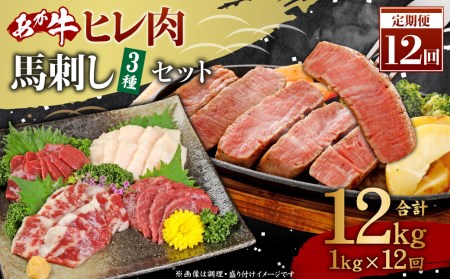 【12ヶ月定期便】 あか牛 ヒレ肉 800g(6枚前後) 馬刺し 200g ( 赤身 100g 霜降り 50g たてがみ 50g)セット【合計12kg】