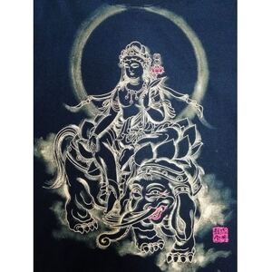 手描きTシャツ 仏画 普賢菩薩 黒 (半袖 XLサイズ)【1615124】