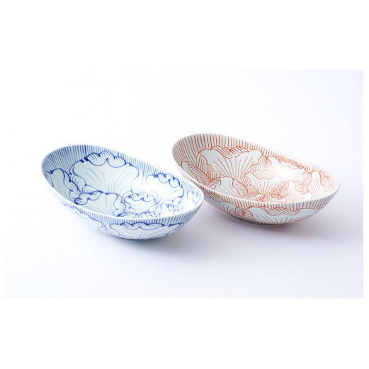 有田焼 花弁紋 25.5cm 楕円鉢（大）青と赤のペアセット 大慶 A30-279_イメージ2