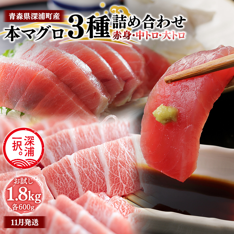 青森県深浦町産 天然本マグロ 3種食べ比べ 1.8kg 各600g 赤身 中トロ 大トロ 冷凍柵 深浦マグロ 刺身 海鮮 鮪 まぐろ【fu-0015-029_11】