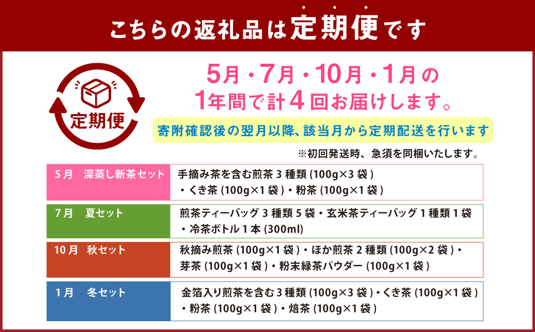 【4回定期便】 静岡茶 春夏秋冬 深蒸し茶セット 茶 茶セット 緑茶 静岡緑茶 日本茶 濃厚 ティーバッグ お茶定期便 急須 玄米茶 抹茶 4回 定期 定期便