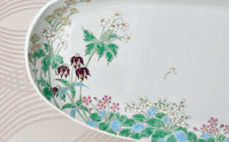 【波佐見焼】草花紋楕円大皿 木台付 飾り皿【藍水】[GB60]