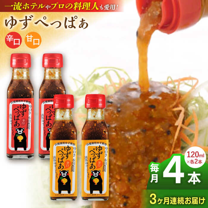 【ふるさと納税】【全3回定期便】ゆずぺっぱぁ 辛口 甘口 120ml 各2本 柚子 ゆず 液体柚子胡椒 タレ ドレッシング 調味料 国産 九州産 熊本県産 山都町産 熊本 山都町【本田農園】[YDL017]