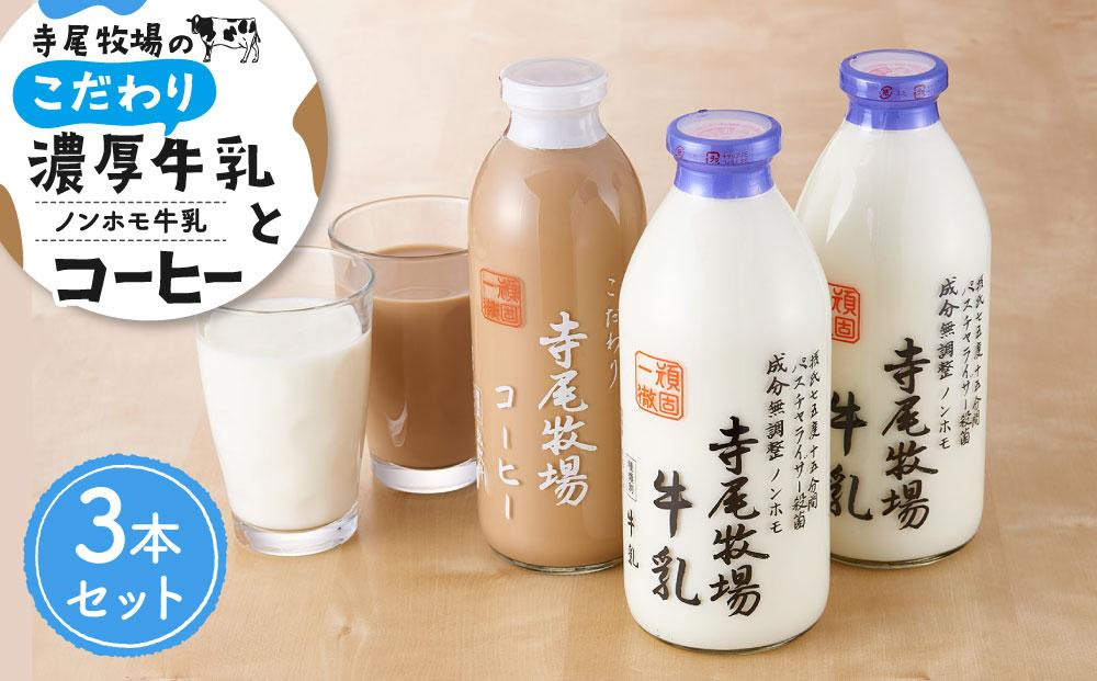 
寺尾牧場のこだわり濃厚牛乳（ノンホモ牛乳）2本とコーヒー1本の合計3本セット【TM157】
