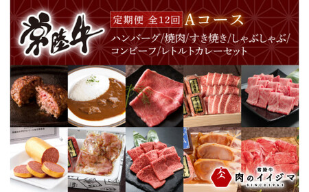 12ヶ月 定期便 肉 高級肉 常陸牛 Aコース 毎月 常陸牛ハンバーグ 焼肉 すき焼き しゃぶしゃぶ コンビーフ レトルトカレー ギフト セット 肉 ギフト対応 【肉のイイジマ】（DU-111）