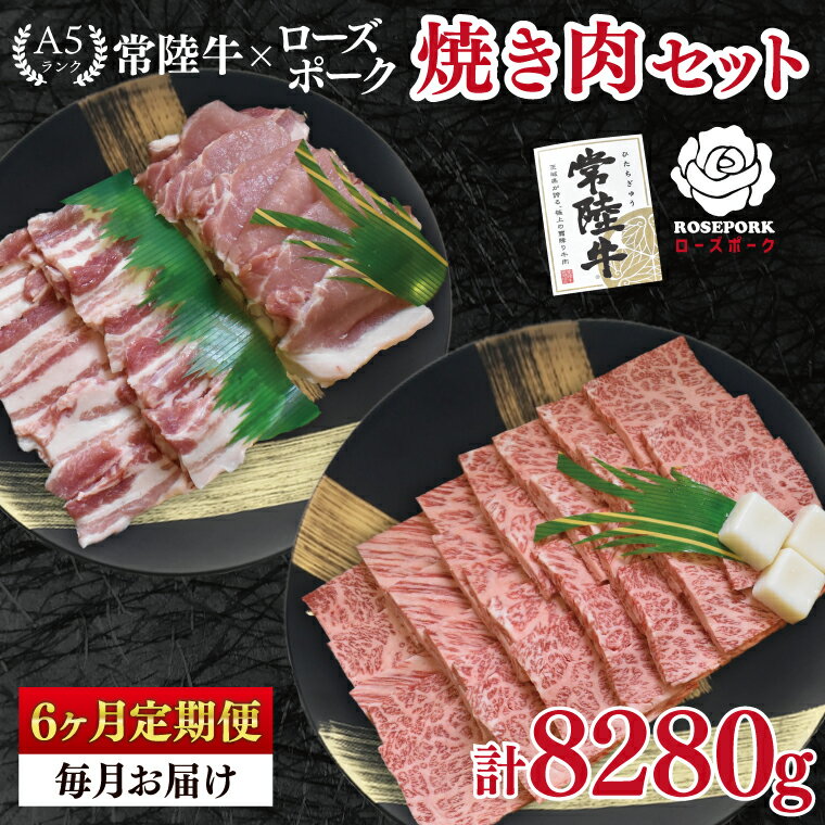 【ふるさと納税】【6ヶ月定期便】【常陸牛 A5ランク・ローズポーク焼肉セット】常陸牛カルビ780g＋ローズポーク600g（ロース300g・ばら300g） 冷凍 国産牛 和牛 牛肉 豚肉　ブランド豚 茨城県 水戸市 食べ比べ セット商品 国産 BBQ 老舗精肉店（EK-49_2）