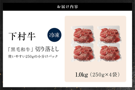 東浦町産「黒毛和牛」切り落とし 1.0kg（250g×4袋） 和牛 国産 黒毛和牛 牛肉 切り落とし 1キロ 1kg 便利 大容量 下村牛 愛知県 東浦町