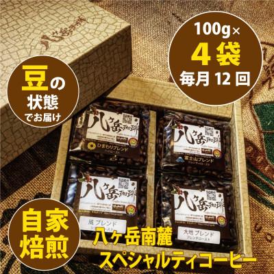 ふるさと納税 韮崎市 【毎月定期便】八ヶ岳南麓自家焙煎珈琲スペシャルティコーヒー100g×4種類/浅〜深煎り【豆】全12回