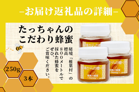 標高800m たっちゃんのこだわり蜂蜜【250g×3本】 蜂蜜 はちみつ ハチミツ みつばち ミツバチ 伝統的 養蜂 国産 天然 百花蜜 巣箱 数量限定 季節 希少 250g 500g 750g 蜂蜜