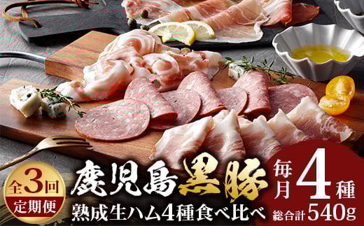 
            【定期便】南州農場 黒豚熟成生ハム4種食べ比べ セット 全3回 | 国産 肉 お肉 豚肉 豚 にく ぶた かごしま黒豚 生ハム 最高峰 熟成ハム コッパ パンチェッタ コッホサラミ スパイス サラミ 冷蔵 詰め合わせ 産地直送 ギフト プレゼント 贈り物 鹿児島県 南大隅町 A7519
          