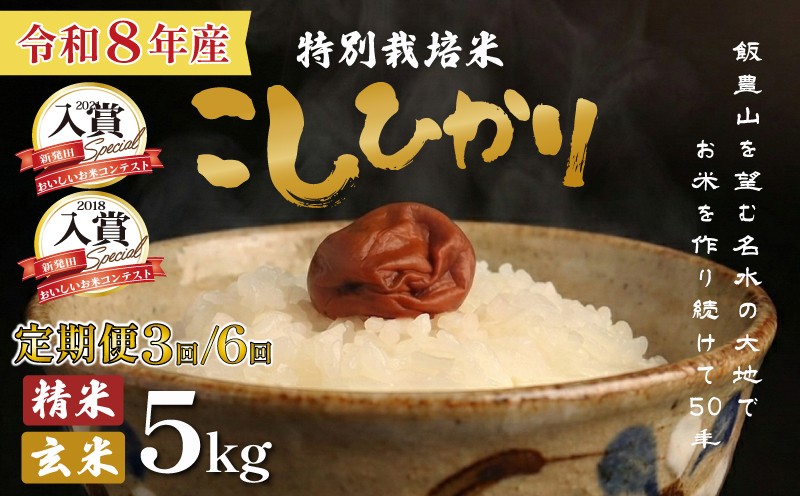 
                  【定期便3回／6回】 令和8年産 特別栽培米コシヒカリ 5kg 選べる 白米 玄米 3回 6回 先行予約 10月中旬発送開始予定 定期便 新潟 コシヒカリ 精米 特栽米 特別栽培米 新潟県産 新潟米 新発田産 米 させ農園 新潟県 新発田市 sase010_202610P
                