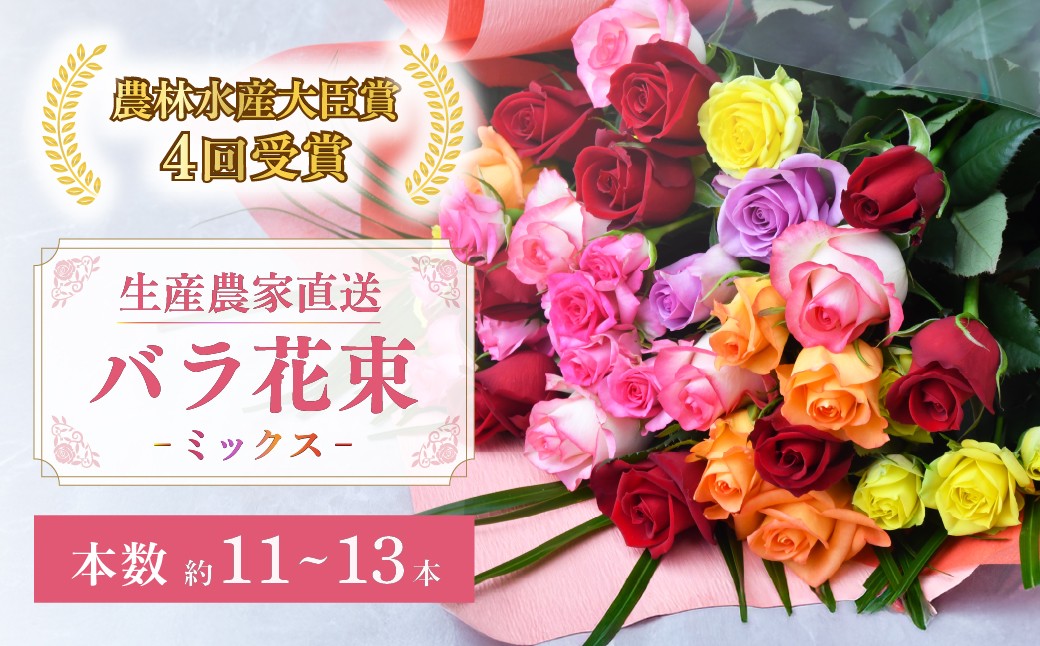 
                  ＜配送エリア限定・着日指定必須＞ 生産農家直送 バラ 花束 新鮮 Mix 約11～13本 | バラ ばら 薔薇 ローズ Mix 多品種 花束 着日指定可能 誕生日 記念日 お祝い ラッピング リボン ギフト 農林水産大臣賞 プレゼント 贈り物 常温 生花
                