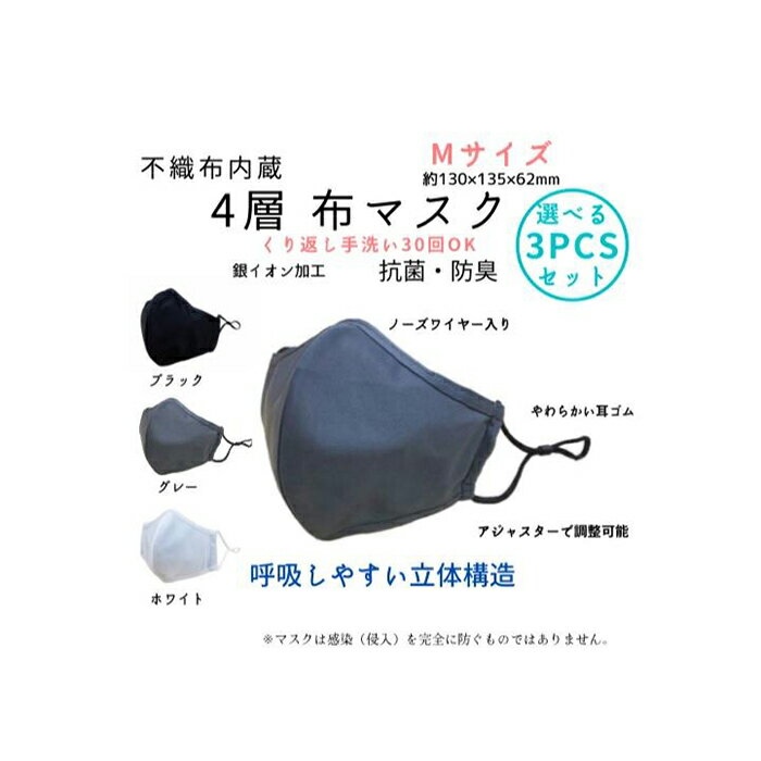 【ふるさと納税】不織布内蔵4層布マスク色が選べるMサイズ3枚セット【ブラック】