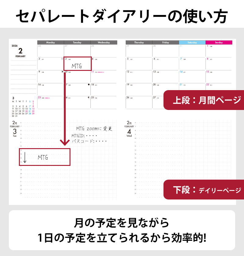 セパレートダイアリー　デイリー＆マンスリーB6　ラウンドカバー付き「1月始まり」　手帳　カレンダー　スケジュール帳