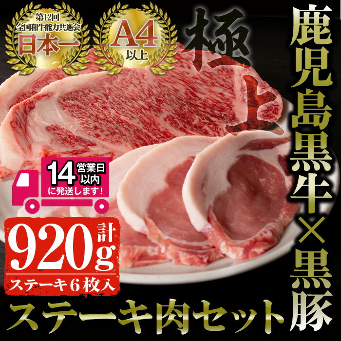 【ふるさと納税】＜14営業日以内発送！＞鹿児島県産 黒毛和牛ステーキ肉セット(計920g)！ 鹿児島黒牛サーロインステーキ(220g×2枚)・鹿児島黒豚ロースステーキ(120g×4枚) 国産 鹿児島県産 和牛 黒牛 黒豚 牛肉 豚肉 ステーキ セット 冷凍【佐多精肉店】