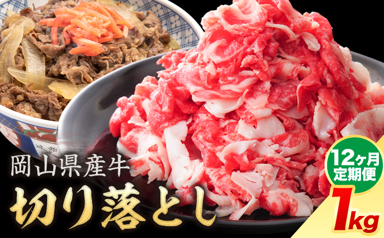 【12ヶ月定期便】岡山県産牛 切り落とし 交雑牛 1kg お試し 大容量《お申込み月の翌月から出荷開始》 岡山県 笠岡市 肉 送料無料