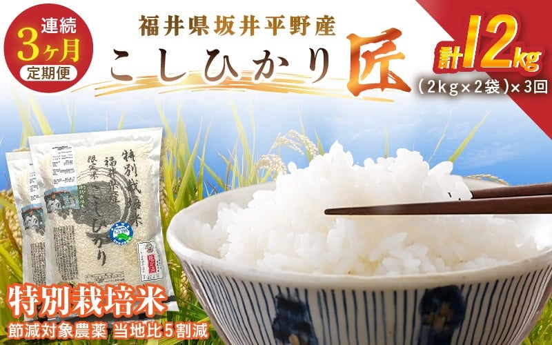 
            【3ヶ月連続お届け】 特別栽培米 コシヒカリ匠 4kg（2kg×2袋）×3回 計12kg 節減対象農薬当地比5割減【選べる精米方法：白米 / 玄米】【米 コメ お米 コシヒカリ ふるさと納税米 ブランド米 国産】 [E-2921]
          