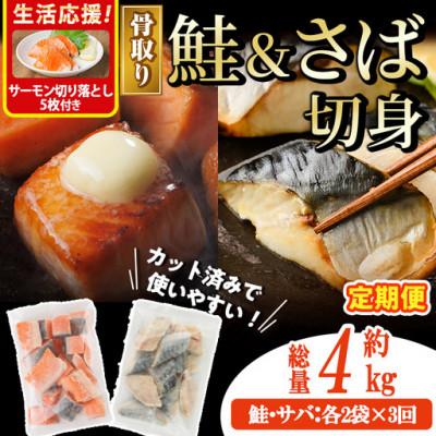 ふるさと納税 門川町 【毎月定期便】骨取りさば切身と鮭カットのセット(総重量約4kg)サーモン切り落とし付き全3回