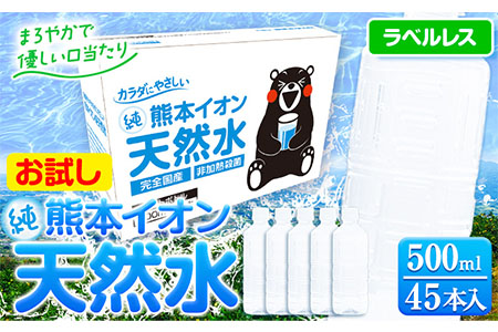 熊本イオン純天然水 ラベルレス 500ml×45本 お試し 《9月中旬-10月末頃出荷予定(土日祝除く)》 水 飲料水 ナチュラルミネラルウォーター 熊本県 玉名郡 玉東町 完全国産 天然水 くまモン パッケージ---gkt_gfrst45_bc9_24_5500_ni---