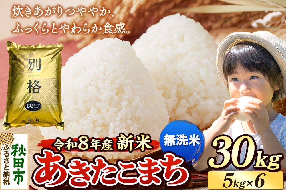 
                  《令和8年産 新米受付》米 あきたこまち 30kg（5kg×6袋）【無洗米】秋田県産 [米 コメ 無洗米 あきたこまち おいしい 美味しい 安全 自然の恵み 循環型農業 もみがら くん炭]
                