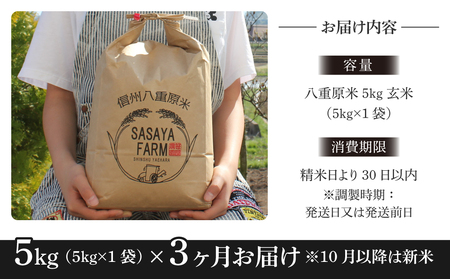【寄附額改訂↓】令和８年新米予約【3回定期便】八重原米5kg（5kg×1袋）合計15kg 玄米 コシヒカリ 特A米 ※2026年10月以降順次発送｜笹屋農園「農薬削減長野県認証取得」先行予約 お米