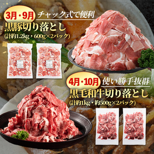 i1008 ＜定期便・計12回(連続)＞黒毛和牛黒豚定期便(総計約10.7kg以上) 国産 九州産 鹿児島産 黒毛和牛 牛肉 国産牛 黒豚 豚肉 サーロイン ステーキ 切り落とし 切落し しゃぶしゃぶ