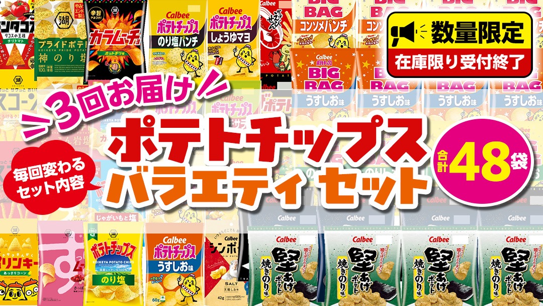  【 スナック菓子 3ヶ月 定期便 】 カルビー 湖池屋 人気 48袋 詰め合わせ バラエティ セット スナック ポテトチップス ポテチ ポテトチップ 菓子 お菓子 おかし おやつ おつまみ 大量 BIGBAG 堅あげポテト のりしお うすしお ブラックペッパー 頒布会 ジャガイモ じゃがいも まとめ買い [DA018us]