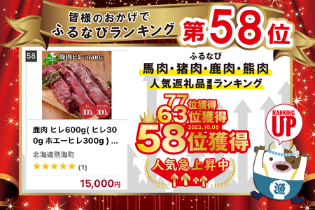 鹿肉 ヒレ600g( ヒレ300g ホエーヒレ300g ) be081-015a017（  鹿肉 ヒレ ホエーヒレ 北海道産 エゾ鹿肉 蝦夷鹿肉  北海道 人気 ふるさと納税 ）