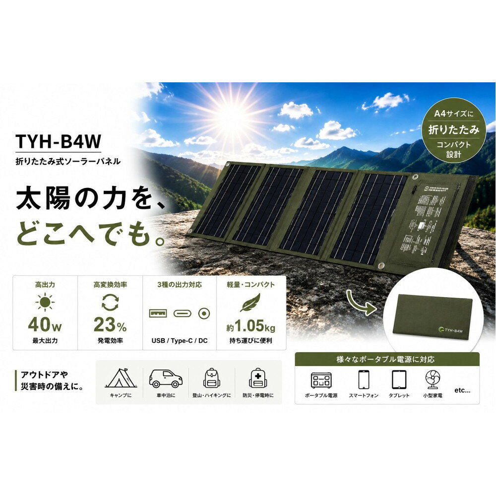 【ふるさと納税】持ち運びできるソーラーパネル ハイパワー 停電 防災 災害 防犯 モバイルバッテリー 太陽光発電 エコ 省エネ パワー 大容量 太陽光パネル 停電対策 地震 ソーラーチャージャー ソーラー充電 発電 車中泊 アウトドア スマホ モバイルバッテリー TYH-B4W