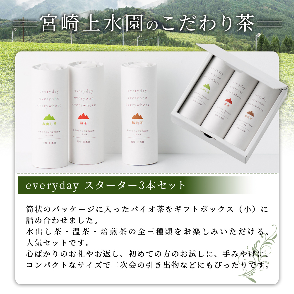＜everyday スターターセット 3本セット＞  お茶 水出し茶 温茶 焙煎茶 玄米茶 微粉末茶 バイオ茶 飲み物 飲料 ギフトボックス 贈り物 贈答用 ギフト 手土産 引き出物 結婚 出産 お祝