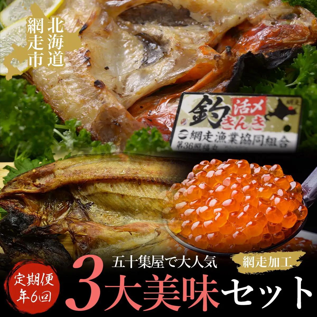 【年6回隔月定期便】五十集屋で大人気の3大美味セット(オホーツク海産・網走加工　数量限定) 【 ふるさと納税 人気 おすすめ ランキング いくら醤油漬 イクラ醤油漬 いくら醤油漬け イクラ醤油漬け 鮭 鮭卵 いくら さけ サケ きんき キンキ ホッケ ほっけ 一夜干し 開き お祝い ギフト お歳暮 セット 定期便 冷凍 海鮮 新鮮 オホーツク 北海道 網走市 送料無料 】 ABAO2189