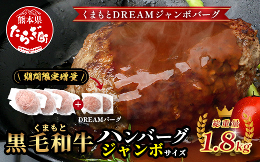 《R8.2・3月発送 限定 増量 》くまもと 黒毛和牛 DREAMジャンボバーグ 500g×3個 + DREAMバーグ 150g×2個 【合計 1.8kg】 113-0535