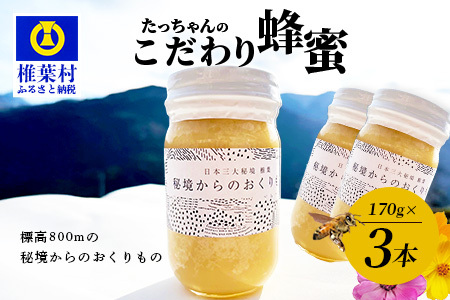 【無添加 非加熱】標高800m たっちゃんのこだわり蜂蜜【170g×3本】(送料無料 宮崎県 椎葉村 秘境 蜂蜜 はちみつ ハチミツ みつばち ミツバチ 伝統的 養蜂 国産 天然 百花蜜 巣箱 数量限定 季節 希少 防災 備蓄 170g 340g 510g) TN-06