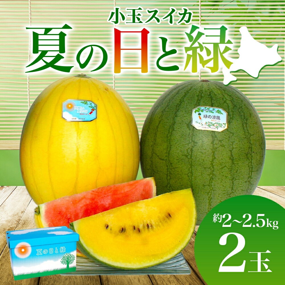 【ふるさと納税】北海道 小玉 スイカ 2種 セット 夏の日と緑 2～2.5kg 2玉 赤色 黄色 2026年7月10日より順次出荷 すいか 果物 フルーツ 旬 西瓜 甘い プレゼント ギフト 自家用 お中元 お取り寄せ 国産 ご褒美 直送 エーコープつきがた　お届け：2026年7月10日～8月5日