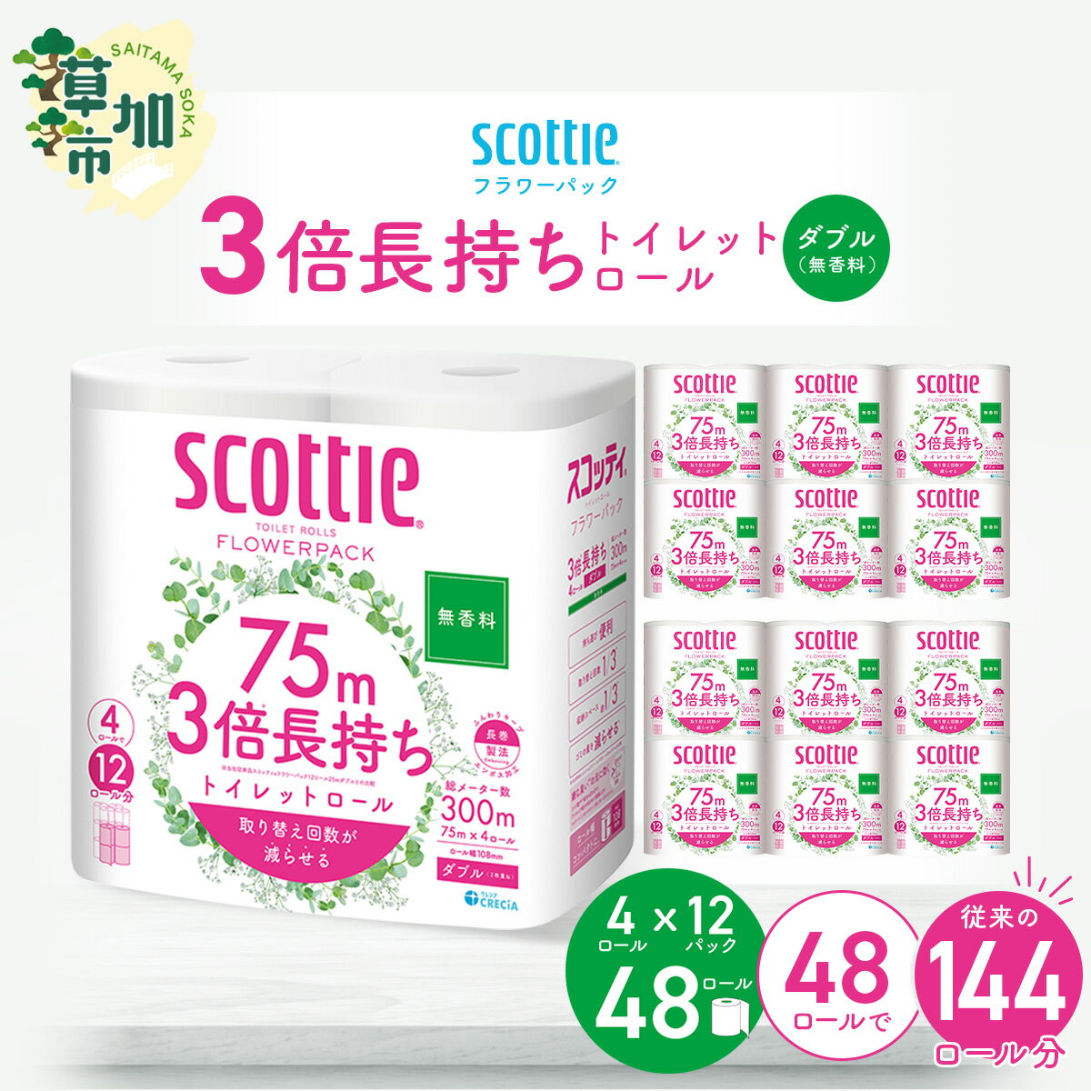 【ふるさと納税】スコッティ フラワーパック 3倍長持ちトイレットロール ダブル 無香料 75m×4ロール×12P | 日用品 トイレットペーパー ダブル 24ロール 3倍巻き 長持ち 交換 消耗品 ストック 防災 備蓄 リピート 紙質 収納 家族 助かる まとめ 満足 必需品 埼玉県 草加市