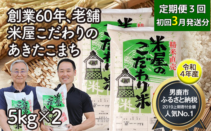 
3月発送 定期便 令和4年産『米屋のこだわり米』あきたこまち 白米 10kg（5kg×2袋）3ヶ月連続発送（合計 30kg）2023年3月中旬頃から発送開始＜秋田県男鹿市＞
