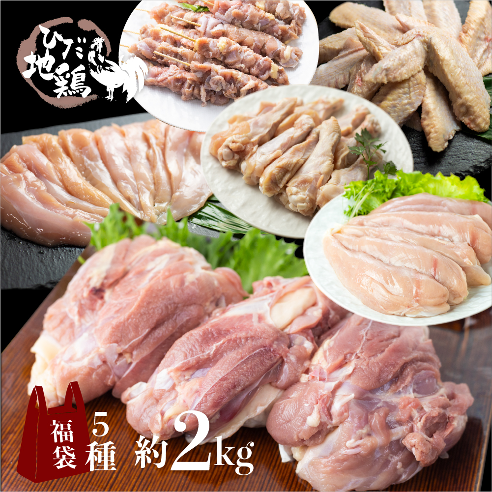 福袋 飛騨地鶏三昧 地鶏 モモ肉 手羽先 手羽元 ささみ 串焼き 合計2kg超 鶏肉 飛騨