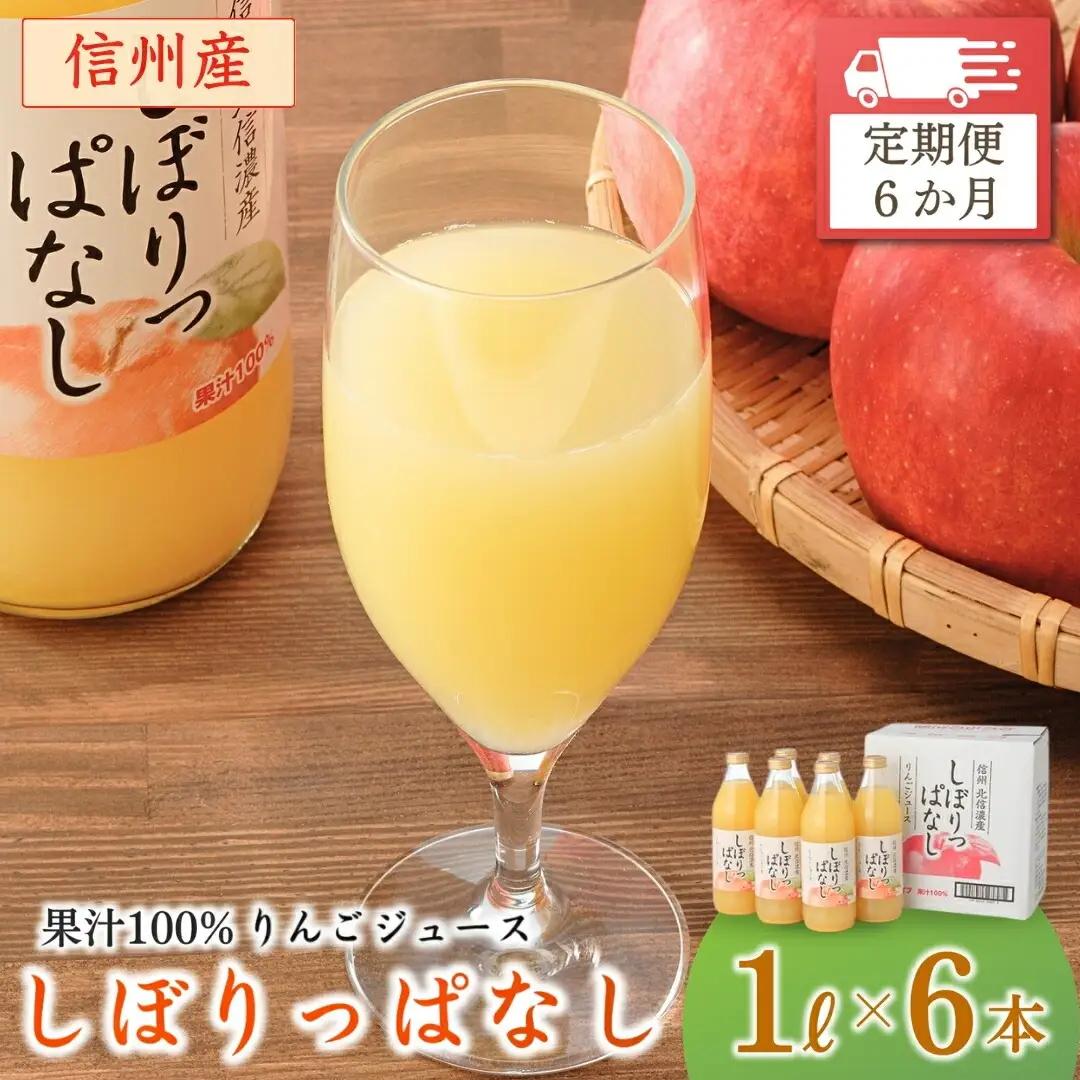 【定期便6ヶ月】信州産 りんごジュース 「しぼりっぱなし」 ストレート果汁100％ (1L×6本)|りんごジュース