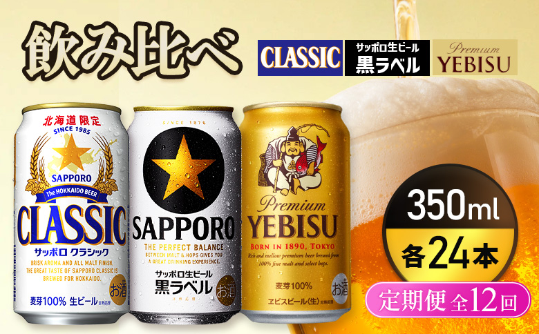 『飲み比べ定期便12回』サッポロクラシック・サッポロ黒ラベル・ヱビスビール 各350ml×24本 |  サッポロクラシック クラシック サッポロ黒ラベル 黒ラベル エビス エビスビール サッポロ サッポロビール ビール 生ビール お酒 アルコール お取り寄せ 北海道 恵庭市 恵庭【9300100018121121】