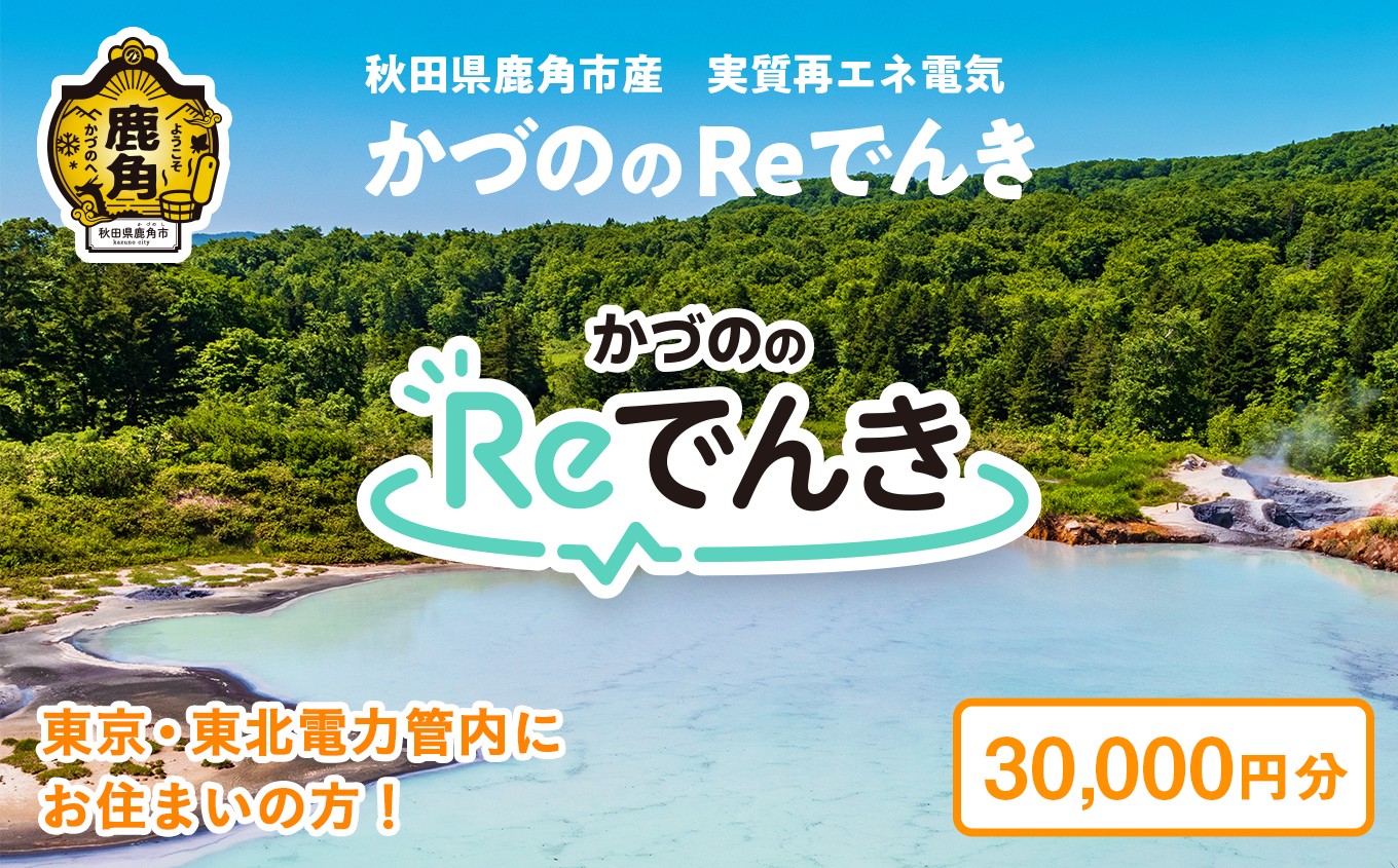 
            《地域限定》かづののReでんき 電気 30,000円分 秋田県 鹿角市産 電気 東京電力 / 東北電力 管内にお住まいの方限定 電力 料金 家計 東電 東北電 エコ 脱炭素 秋田 鹿角市 送料無料 【かづのパワー】
          