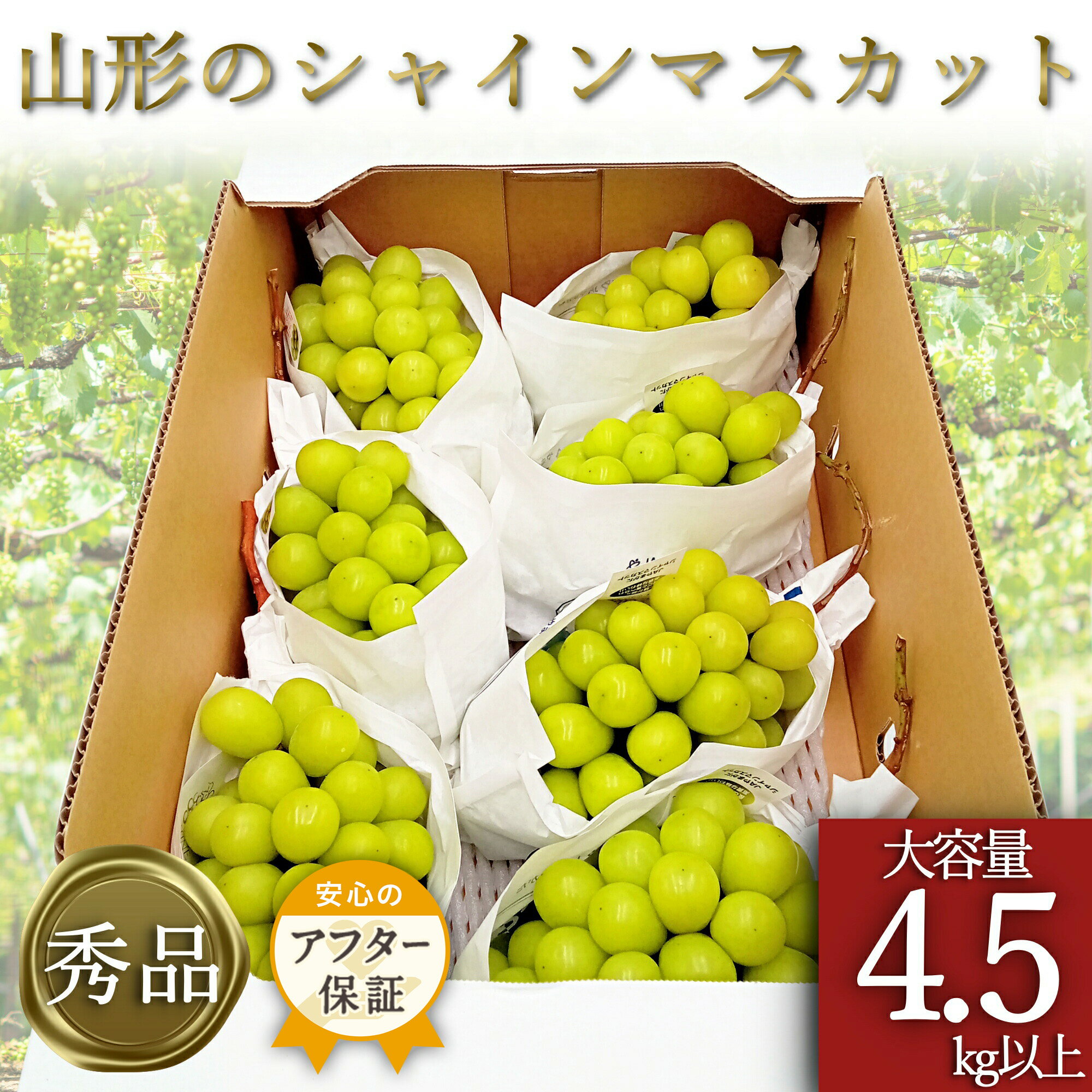 【ふるさと納税】＼アフター保証対象品／ 山形 の シャインマスカット 「秀品」 人気 の 高級 種なし ぶどう ＼ 大容量 4.5kg 以上 ／（5〜9房）【2025年9月〜10月発送分先行受付】 令和7年 2025 H135(R7)