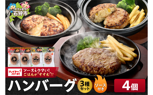 ファイヤーバーグ ハンバーグ（ソース付）3種セット 4個（レギュラー・チーズ・ポテサラ）