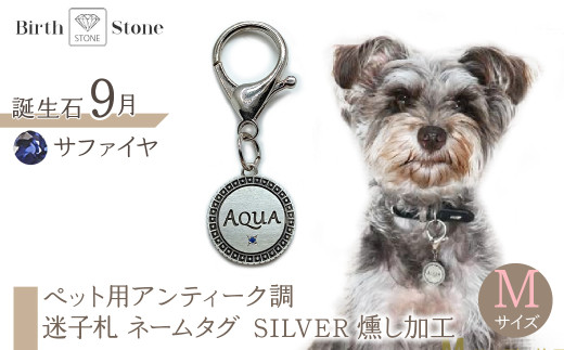 ｅｊブランド『　i-LACQ　』アイ・ラシク ペット用アンティーク調　迷子札　ネームタグ SILVER　燻し加工　Mサイズ　9月　サファイヤ ALPDL024_9