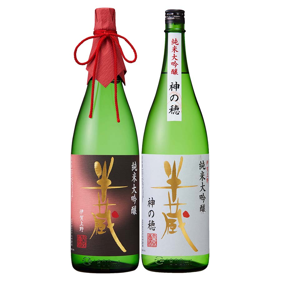【三重山田錦と神の穂　ワイングラスで飲み比べセット】　半蔵　純米大吟醸　赤ラベル、純米大吟醸　神の穂　　1.8L×2本