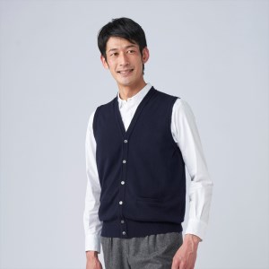 日本製 カシミヤ100% 前開きベスト ネイビー Lサイズ [2623]