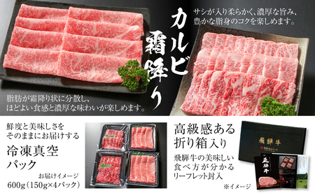 飛騨牛 カルビ(焼肉)・霜降りスライス 600g（150g×各２パック） 冷凍真空パック | 肉 お肉 焼肉 焼き肉 やきにく すき焼き すきやき しゃぶしゃぶ 黒毛和牛 和牛 個包装 小分け 人気 
