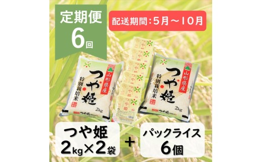 【5月～10月発送】つや姫2kg×2袋+パックライス6P×6回