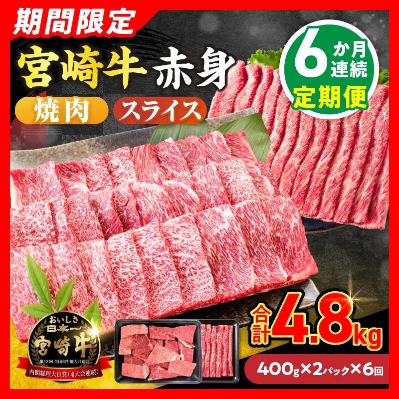 6か月お楽しみ定期便【畜産農家応援】数量限定 厳選 宮崎牛 赤身 焼肉 スライス 計4.8kg_LC2-26