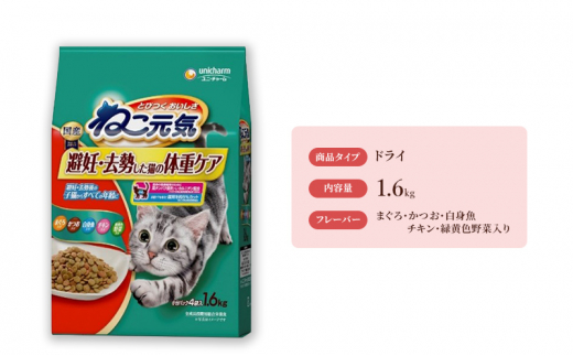 ねこ元気 避妊・去勢した猫の体重ケア まぐろ・かつお・白身魚・チキン・緑黄色野菜入り 1.6kg×6袋 ペットフード キャットフード 猫のごはん 猫用フード 猫 ペット ドライ ユニ・チャーム ペット ユニ・ケアー [№5275-0484]